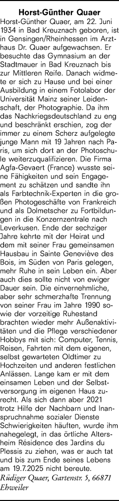 Traueranzeige von Horst-Günther Quaer von Allgemeine Zeitung Rheinhessen-Nahe