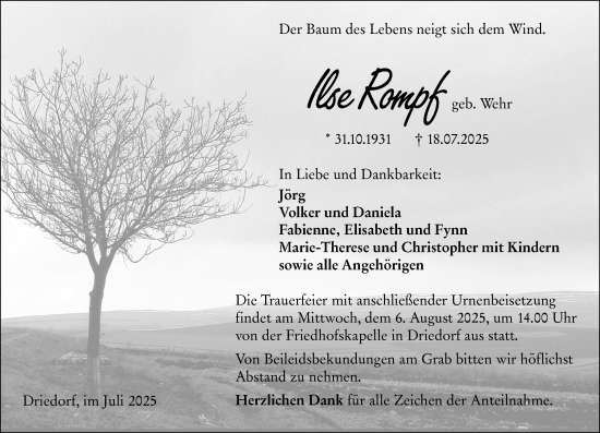 Traueranzeige von Ilse Rompf von Dill Block