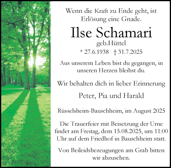 Traueranzeige von Ilse Schamari von Rüsselsheimer Echo