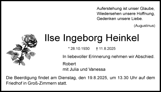 Traueranzeige von Ilse Ingeborg Heinkel von Dieburger Anzeiger/Groß-Zimmerner Lokal-Anzeiger