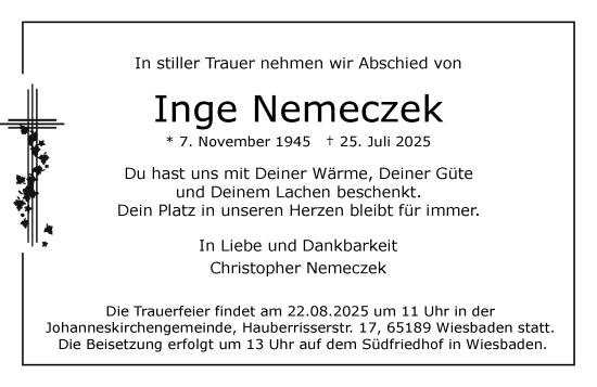 Traueranzeige von Inge Nemeczek von Wiesbadener Kurier