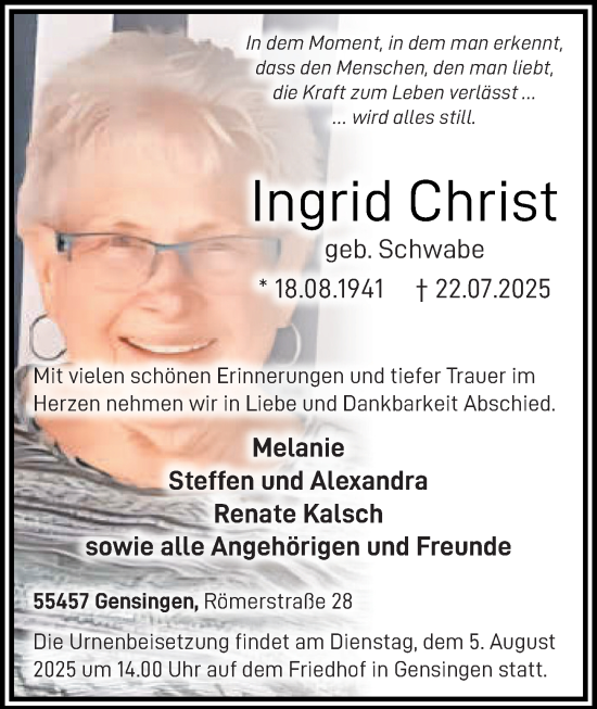 Traueranzeige von Ingrid Christ von Allgemeine Zeitung Rheinhessen-Nahe