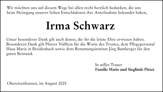 Traueranzeige von Irma Schwarz von Hinterländer Anzeiger