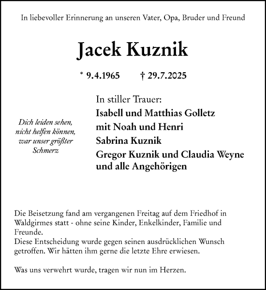 Traueranzeige von Jacek Kuznik von Wetzlarer Neue Zeitung