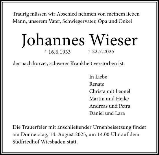 Traueranzeige von Johannes Wieser von Wiesbadener Kurier