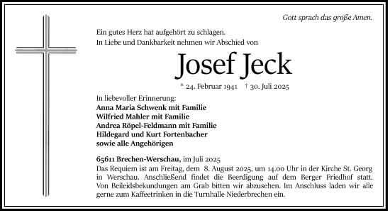 Traueranzeige von Josef Jeck von Nassauische Neue Presse