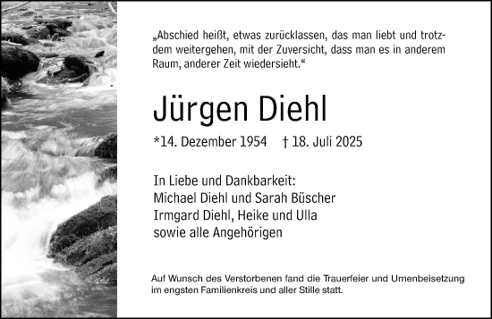 Traueranzeige von Jürgen Diehl von Wetzlarer Neue Zeitung