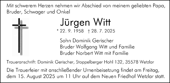 Traueranzeige von Jürgen Witt von Wetzlarer Neue Zeitung