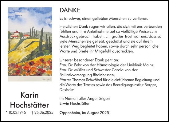 Traueranzeige von Karin Hochstätter von Allgemeine Zeitung Mainz
