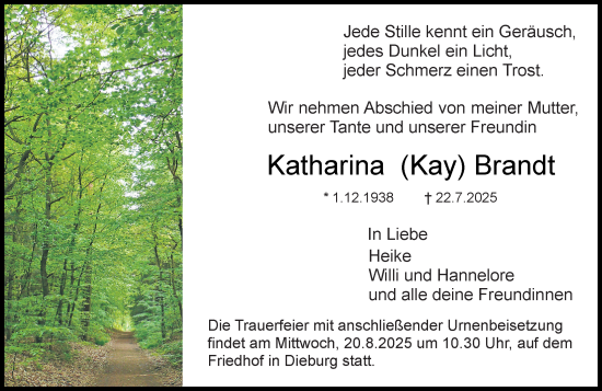 Traueranzeige von Katharina Brandt von Dieburger Anzeiger/Groß-Zimmerner Lokal-Anzeiger