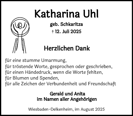 Traueranzeige von Katharina Uhl von Wiesbadener Kurier