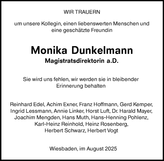 Traueranzeige von Monika Dunkelmann von Wiesbadener Kurier