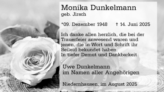 Traueranzeige von Monika Dunkelmann von Wiesbadener Kurier