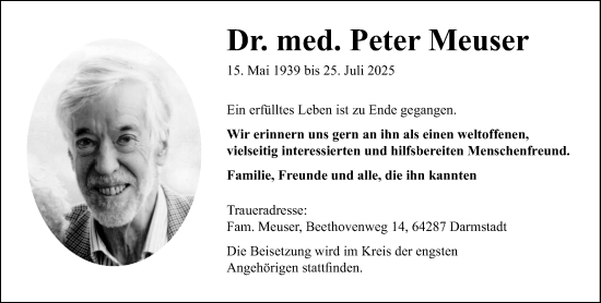 Traueranzeige von Peter Meuser von Darmstädter Echo