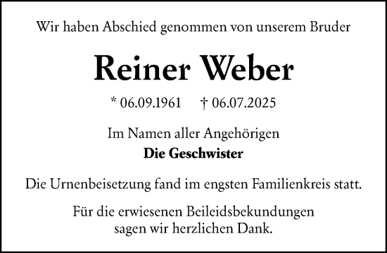 Traueranzeige von Reiner Weber von Dill Block