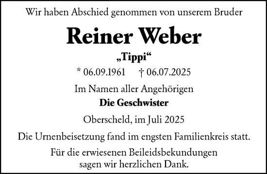 Traueranzeige von Reiner Weber von Dill Block
