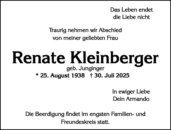 Traueranzeige von Renate Kleinberger von Wiesbadener Kurier