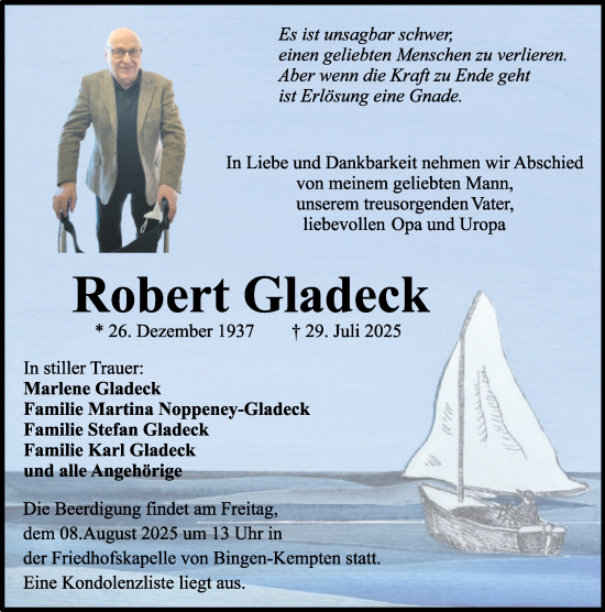 Traueranzeige von Robert Gladeck von Allgemeine Zeitung Rheinhessen-Nahe