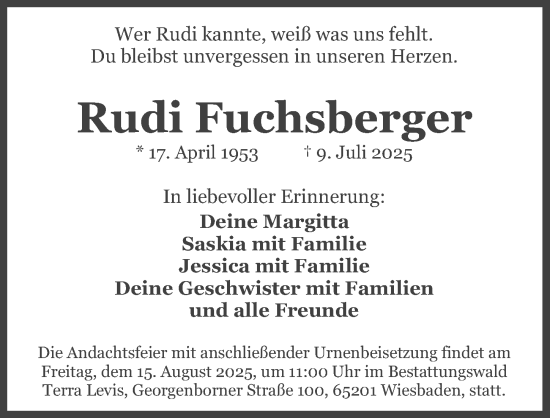 Traueranzeige von Rudi Fuchsberger von Wiesbadener Kurier