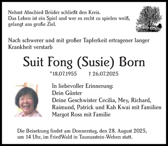 Traueranzeige von Suit Fong Born von Wiesbadener Kurier