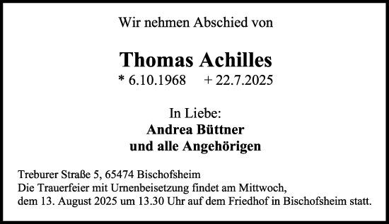Traueranzeige von Thomas Achilles von Rüsselsheimer Echo