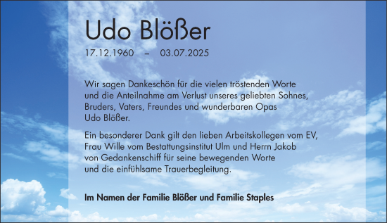 Traueranzeige von Udo Blößer von Wetzlarer Neue Zeitung