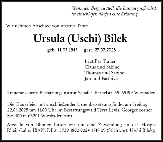Traueranzeige von Ursula Bilek von Wiesbadener Kurier