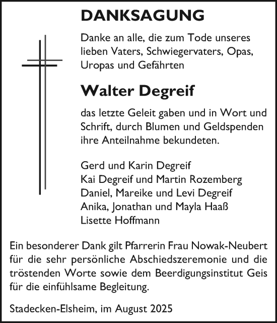 Traueranzeige von Walter Degreif von Allgemeine Zeitung Mainz