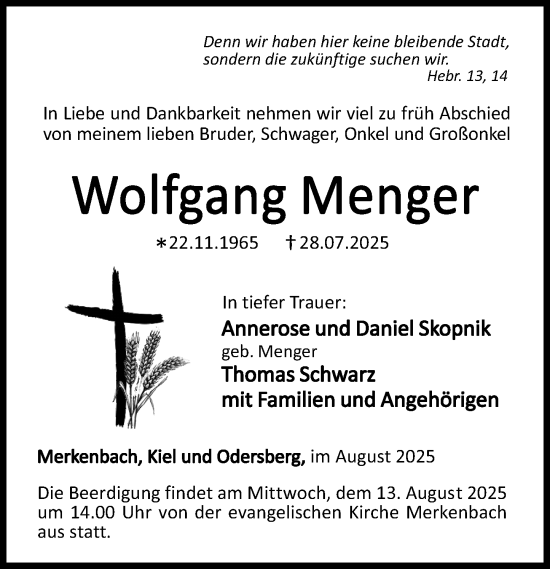 Traueranzeige von Wolfgang Menger von Dill Block