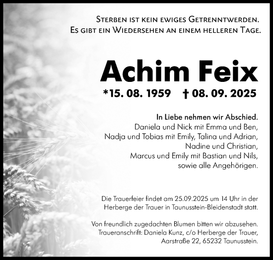 Traueranzeige von Achim Feix von Idsteiner Land/Untertaunus