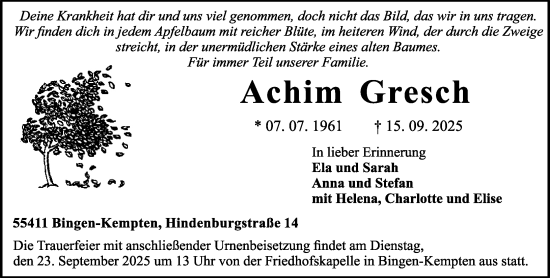 Traueranzeige von Achim Gresch von Allgemeine Zeitung Rheinhessen-Nahe Traueranzeige von Achim Gresch von Allgemeine Zeitung Rheinhessen-Nahe