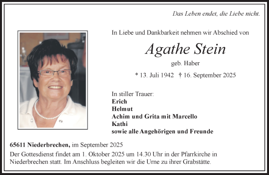 Traueranzeige von Agathe Stein von Camberger Anzeiger