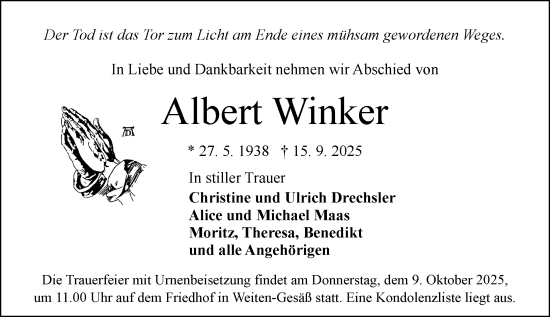 Traueranzeige von Albert Winker von Odenwälder Echo Traueranzeige von Albert Winker von Odenwälder Echo