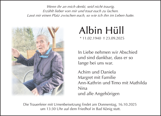 Traueranzeige von Albin Hüll von Odenwälder Echo Traueranzeige von Albin Hüll von Odenwälder Echo