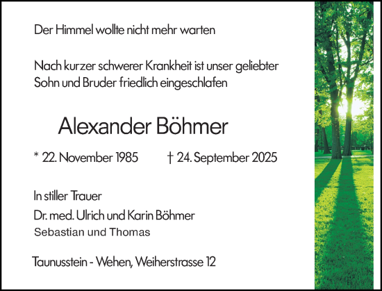Traueranzeige von Alexander Böhmer von Wiesbadener Kurier Traueranzeige von Alexander Böhmer von Wiesbadener Kurier