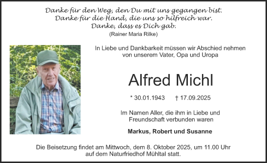 Traueranzeige von Alfred Michl von Darmstädter Echo Traueranzeige von Alfred Michl von Darmstädter Echo