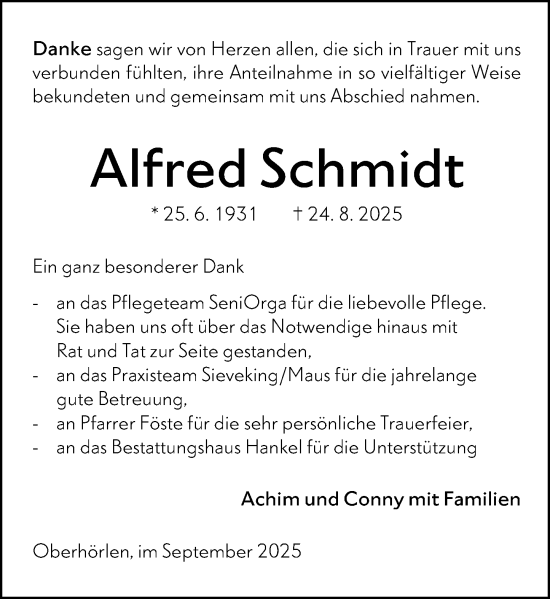 Traueranzeige von Alfred Schmidt von Hinterländer Anzeiger
