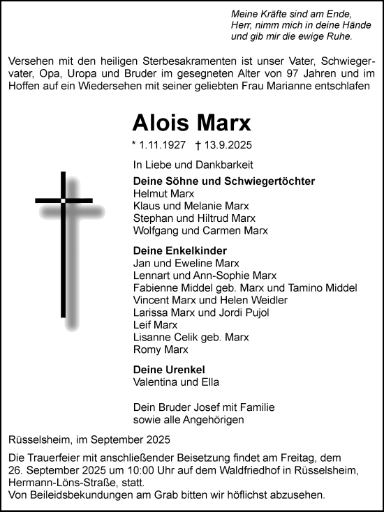 Traueranzeige von Alois Marx von Rüsselsheimer Echo