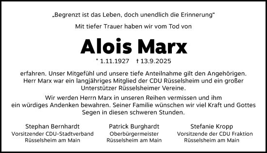 Traueranzeige von Alois Marx von Rüsselsheimer Echo