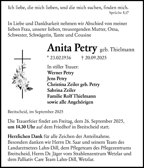 Traueranzeige von Anita Petry von Dill Block