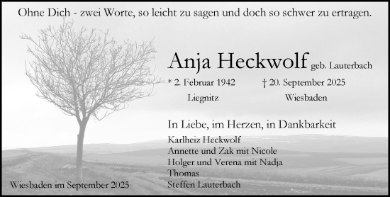 Traueranzeige von Anja Heckwolf von Wiesbadener Kurier Traueranzeige von Anja Heckwolf von Wiesbadener Kurier