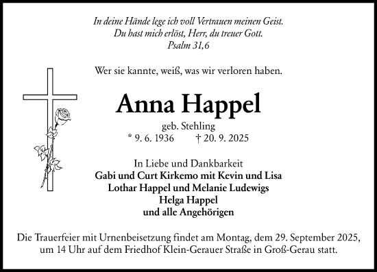 Traueranzeige von Anna Happel von Groß-Gerauer Echo Traueranzeige von Anna Happel von Groß-Gerauer Echo