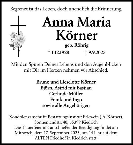 Traueranzeige von Anna Maria Körner von Rheingau Kurier