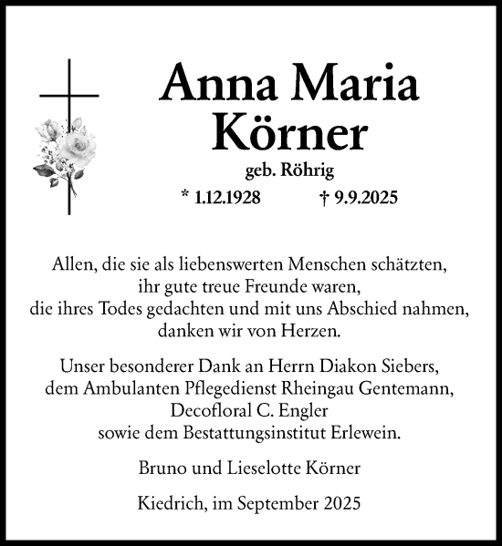 Traueranzeige von Anna Maria Körner von Rheingau Kurier