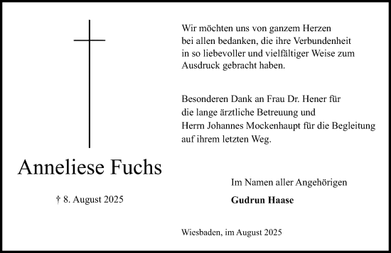 Traueranzeige von Anneliese Fuchs von Wiesbadener Kurier
