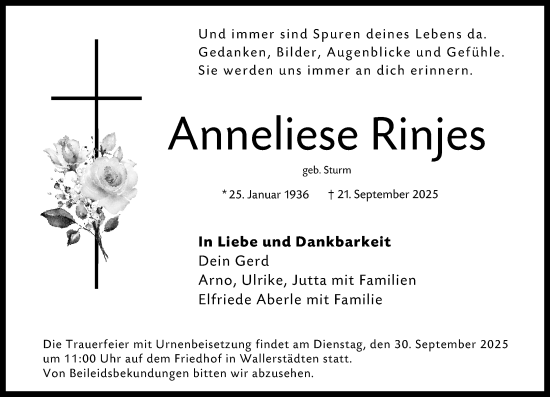 Traueranzeige von Anneliese Rinjes von Groß-Gerauer Echo