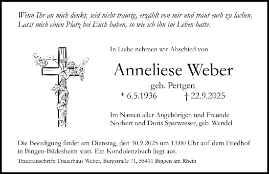 Traueranzeige von Anneliese Weber von Allgemeine Zeitung Rheinhessen-Nahe Traueranzeige von Anneliese Weber von Allgemeine Zeitung Rheinhessen-Nahe