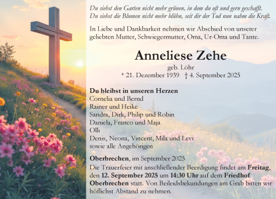 Traueranzeige von Anneliese Zehe von Camberger Anzeiger