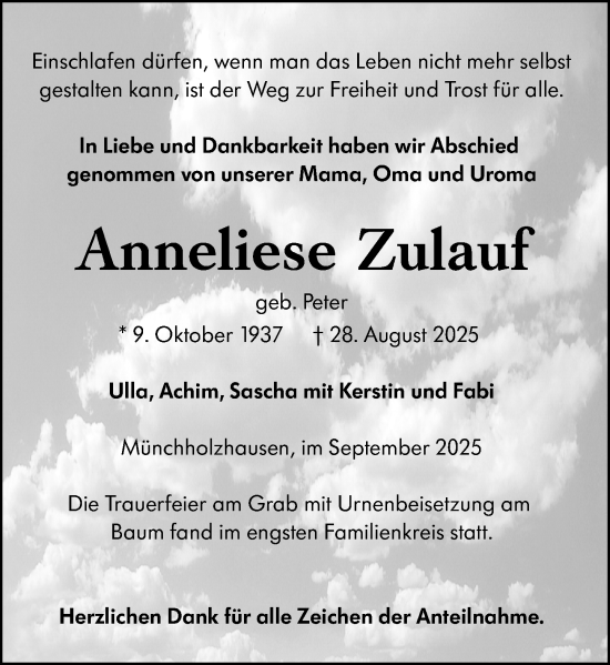 Traueranzeige von Anneliese Zulauf von Wetzlarer Neue Zeitung