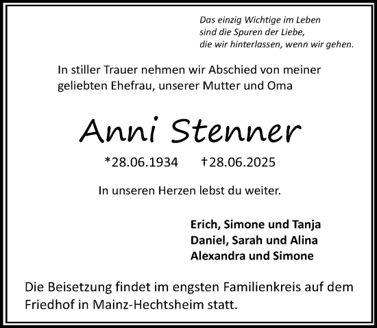 Traueranzeige von Anni Stenner von Allgemeine Zeitung Mainz